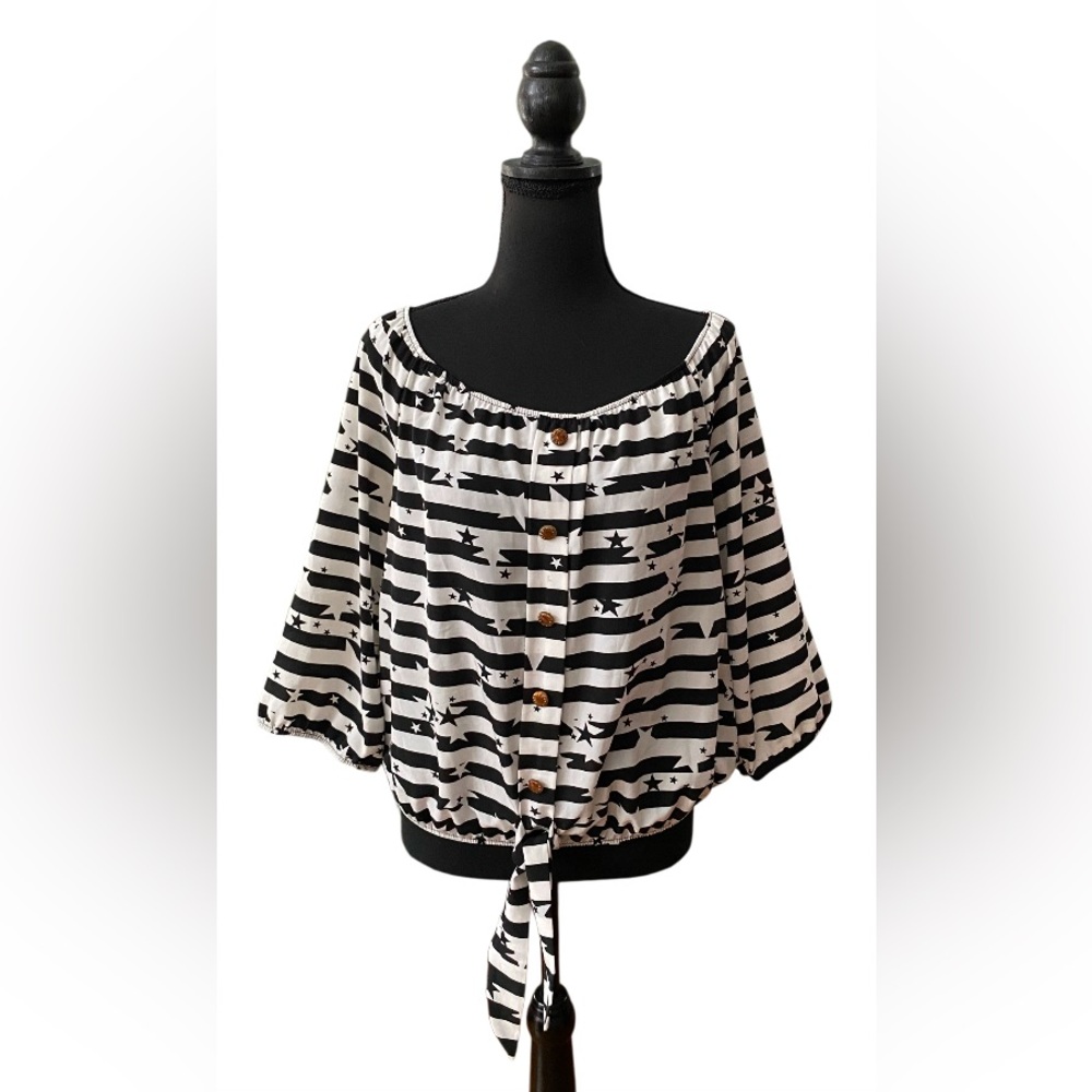 Moa USA: Black & White Stripe Off The Shoulder Crop Top with Stars